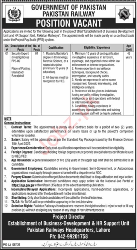 Pakistan Railways Headquarters Lahore Jobs 2025 – Security Expert Vacancy Announced