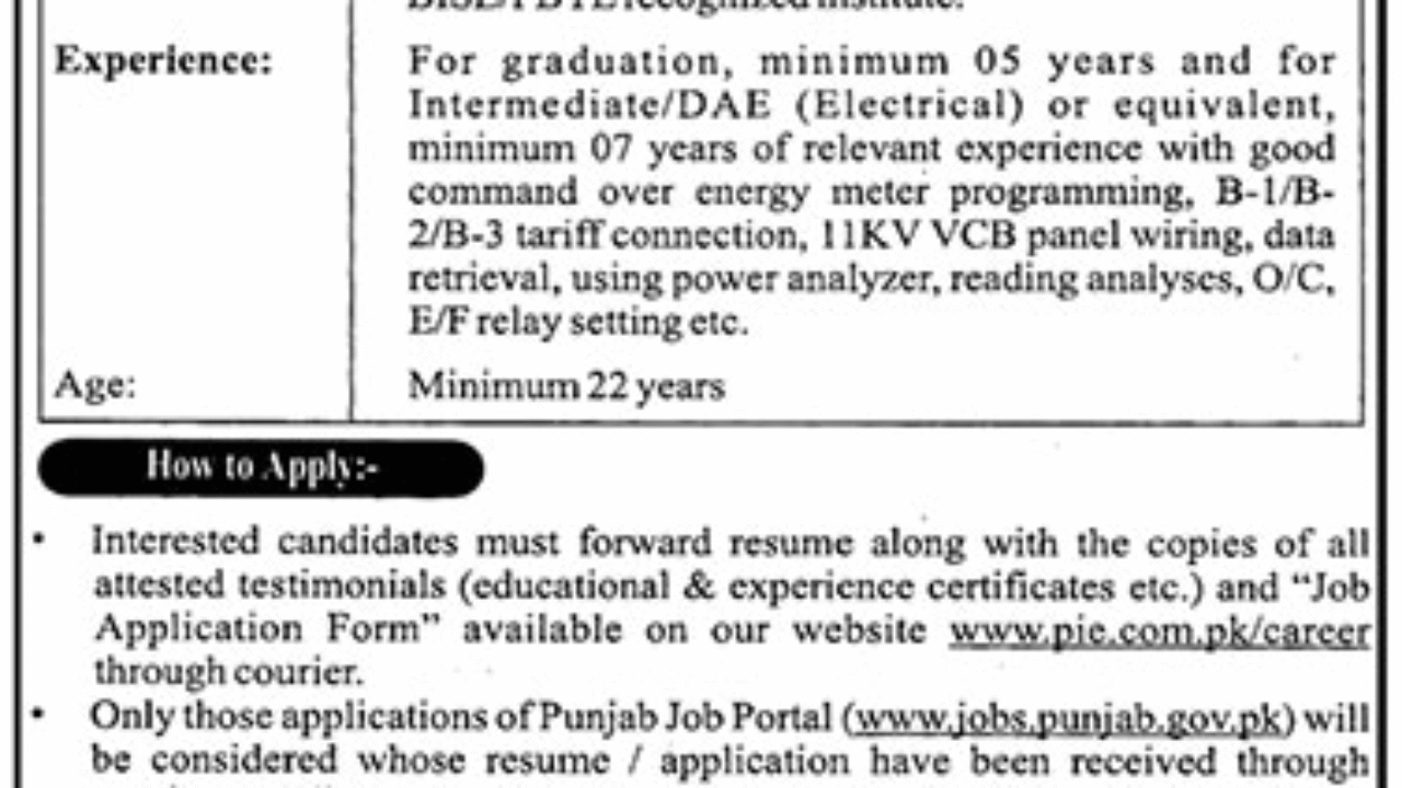 Punjab Industrial Estates (PIE) Lahore Jobs 2025 – Meter Inspector Vacancy