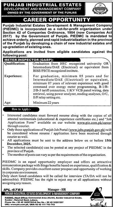 Punjab Industrial Estates (PIE) Lahore Jobs 2025 – Meter Inspector Vacancy