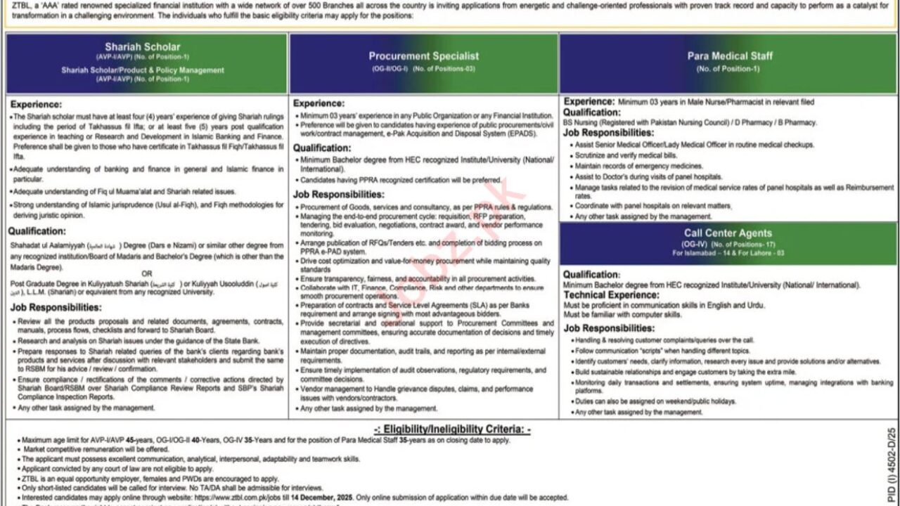 ZTBL Islamabad Jobs 2025 – Procurement Specialist, Shariah Scholar, Call Center Agent & Paramedical Staff