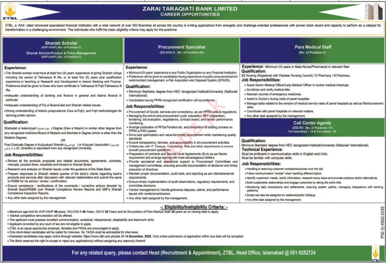 ZTBL Islamabad Jobs 2025 – Procurement Specialist, Shariah Scholar, Call Center Agent & Paramedical Staff