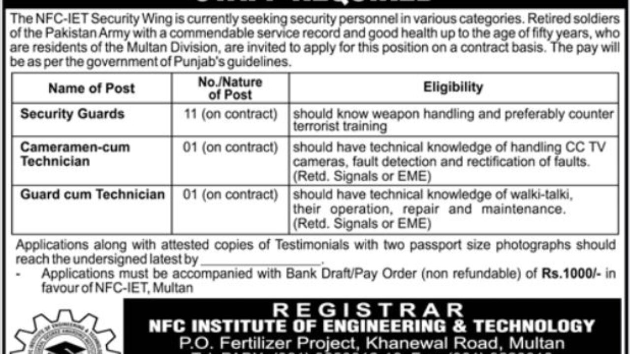 NFC Institute of Engineering & Technology Multan Jobs 2025 – Cameraman, Technician & Security Staff Vacancies