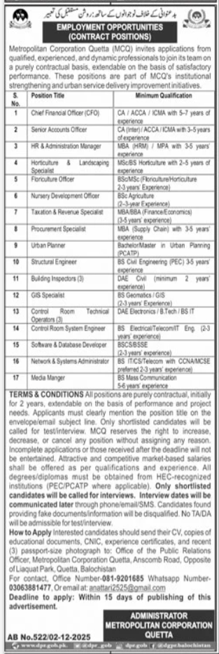 Metropolitan Corporation Quetta Jobs 2025 – Latest Management Vacancies (Apply Now)