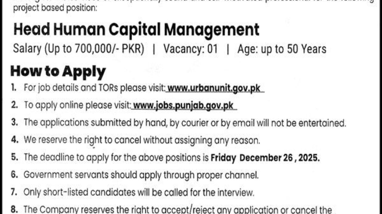 The Urban Unit Lahore Jobs 2025 – Head of Human Capital Management (Latest Government Vacancy)
