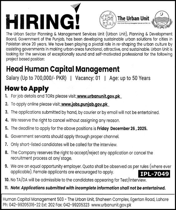 The Urban Unit Lahore Jobs 2025 – Head of Human Capital Management (Latest Government Vacancy)