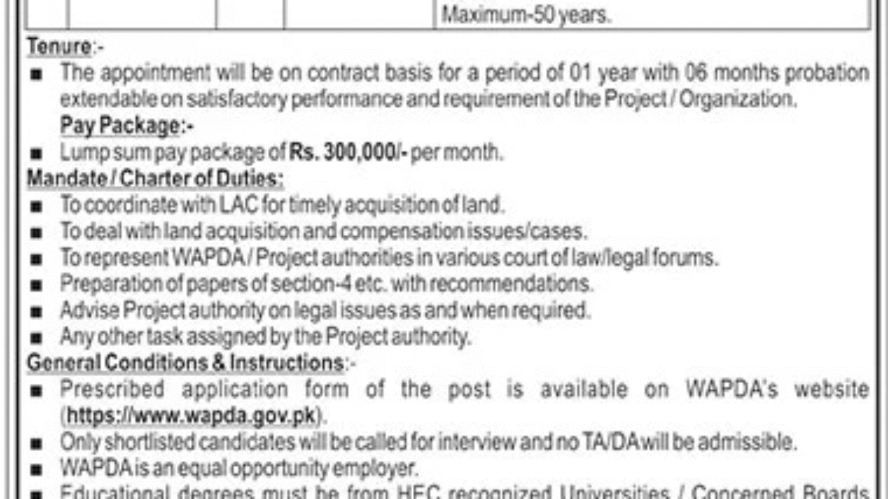 WAPDA Legal Advisor Jobs 2025 in Lahore – Apply Now