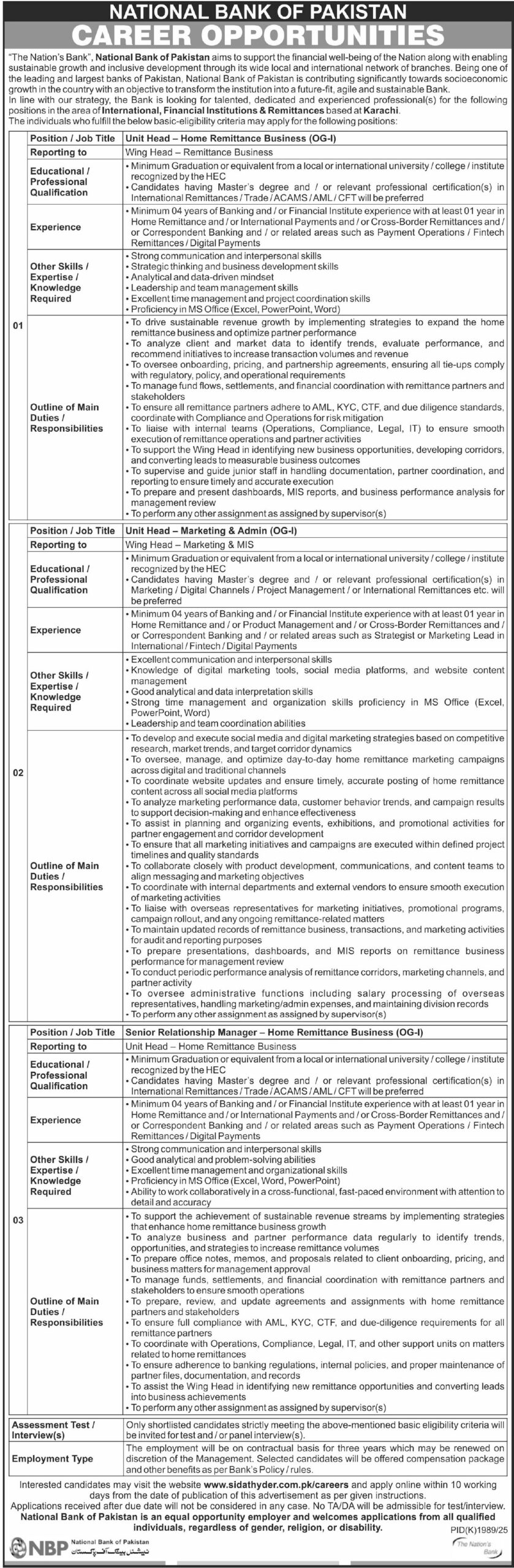The National Bank of Pakistan (NBP) has announced new government bank job opportunities for highly skilled and motivated professionals in Karachi. According to the latest advertisement published in the Express Tribune on 08 December 2025, NBP is seeking applications for the positions of Unit Head and Relationship Man