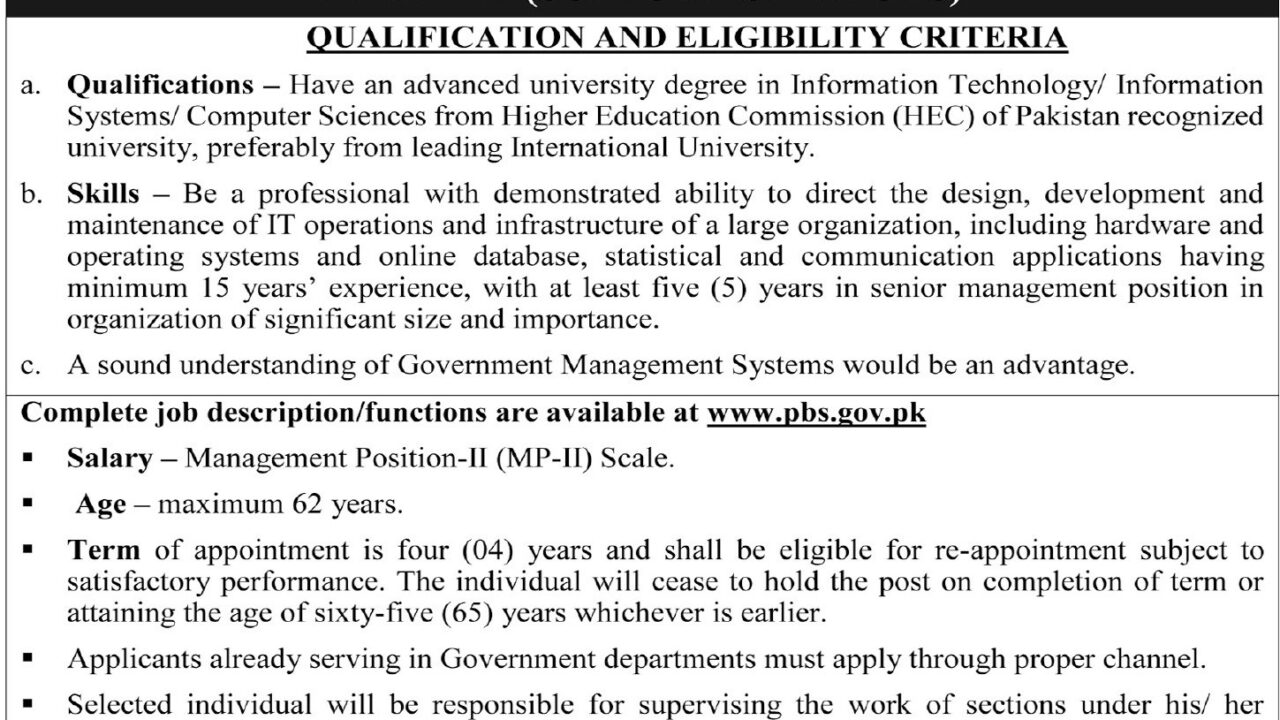 Pakistan Bureau of Statistics (PBS) Jobs 2025 – Member Position | Islamabad