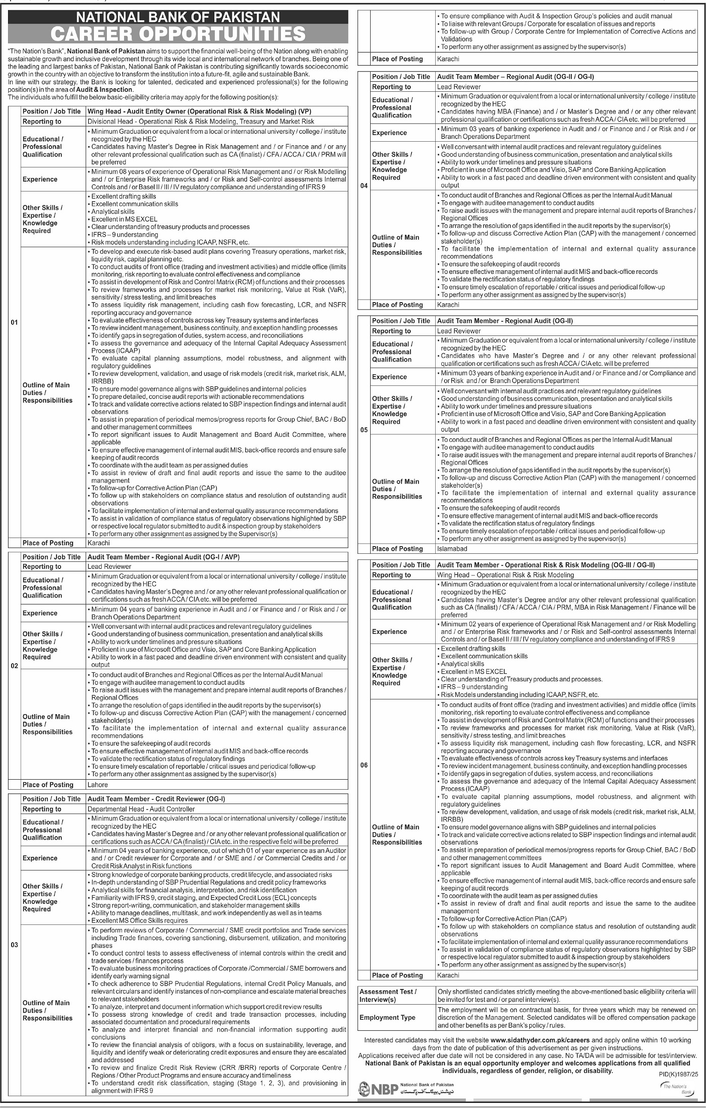 National Bank of Pakistan (NBP) Latest Jobs 2025 – Wing Head & Audit Team Member | Karachi