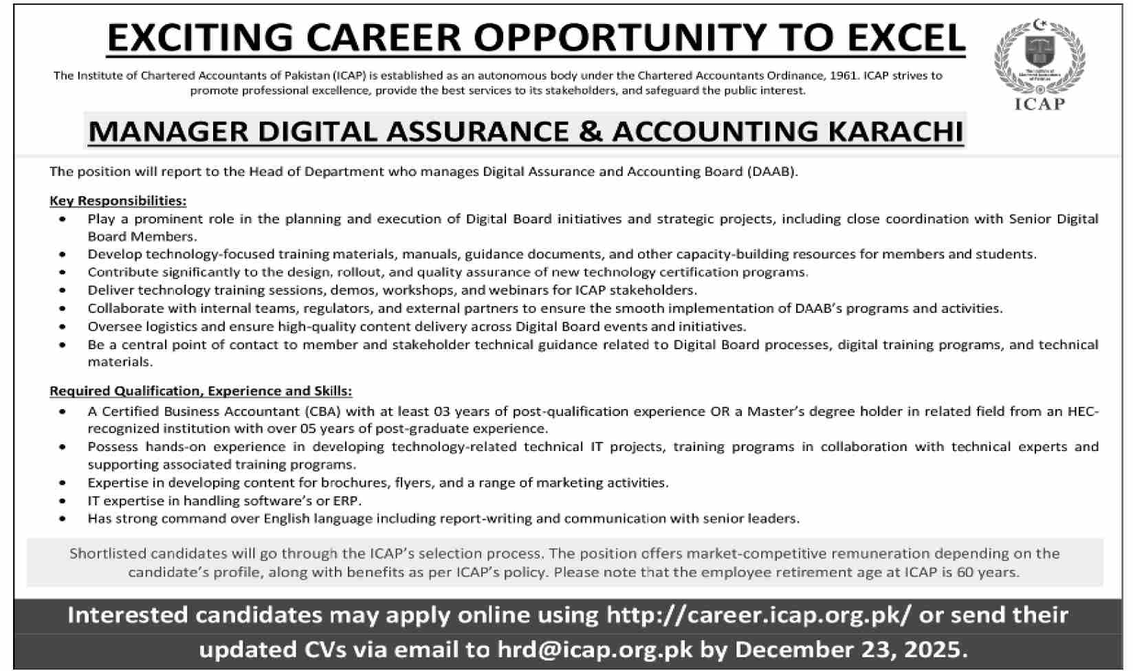 ICAP Karachi Jobs 2025 – Manager Accounting & Manager Digital Assurance Vacancies