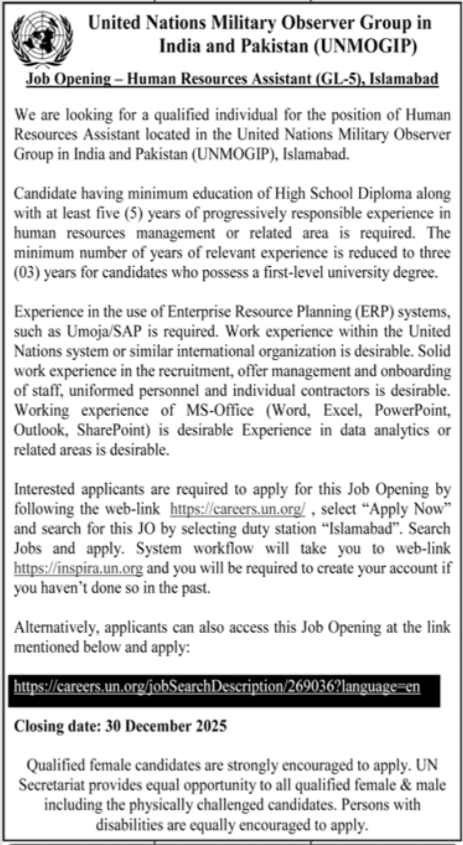 United Nations Military Observer Group Jobs 2025 in Islamabad – Apply Now