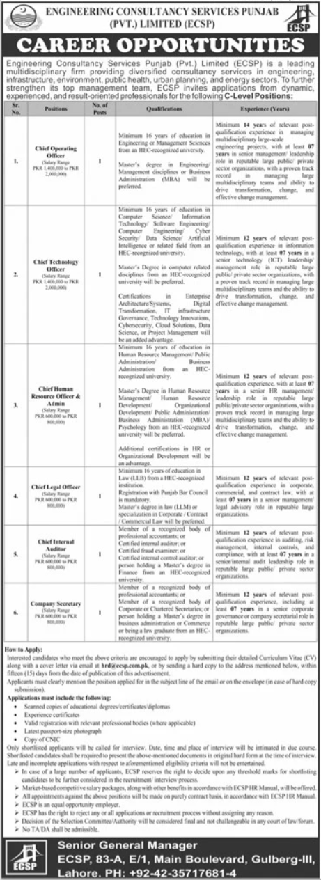 Management Jobs 2025 – Engineering Consultancy Services Punjab (ECSP) Lahore