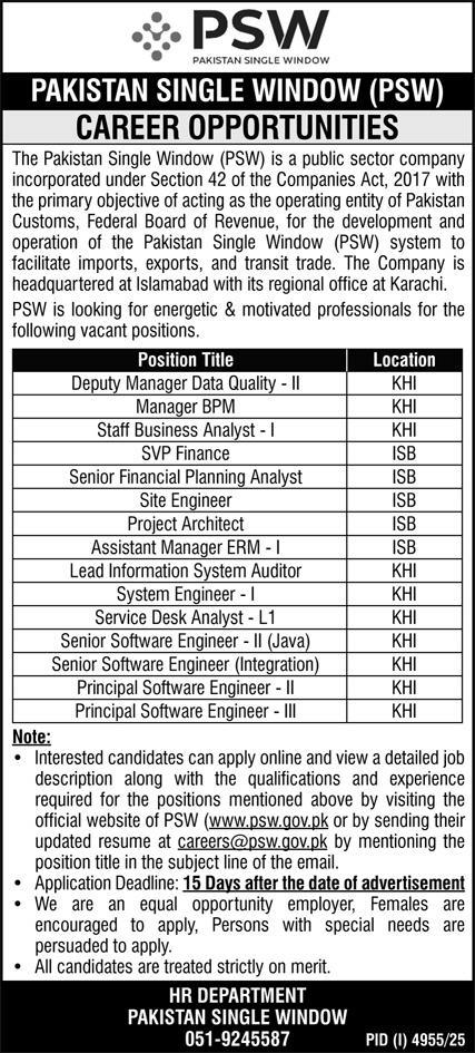 Pakistan Single Window (PSW) Jobs 2025 – Management & IT Positions in Islamabad