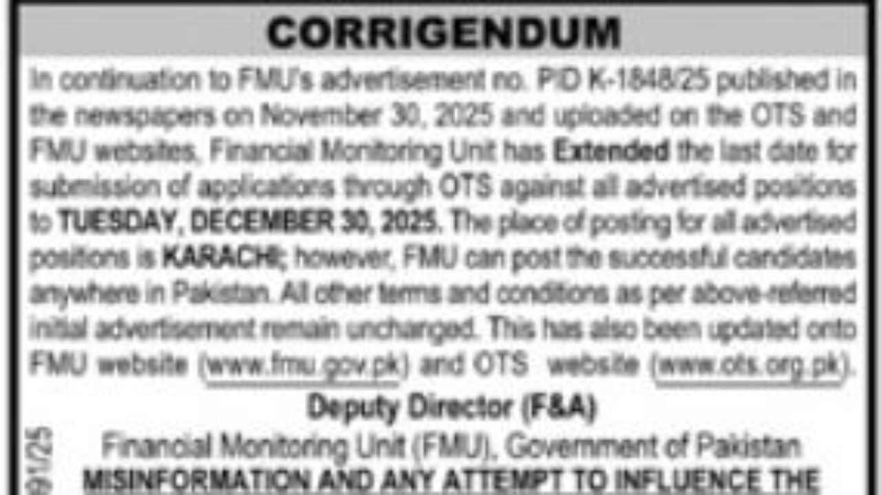 Financial Monitoring Unit (FMU) Jobs 2025 – Management & Analysis Positions in Karachi