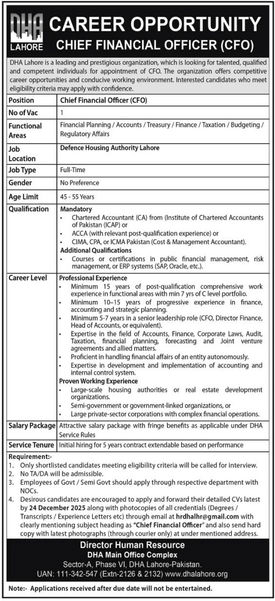 Defence Housing Authority (DHA) Lahore Jobs 2025 – Chief Financial Officer (CFO)