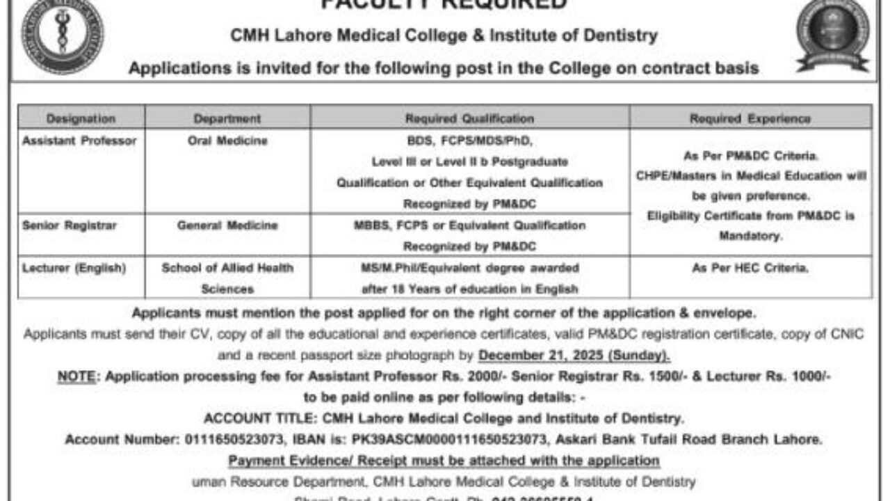 CMH Lahore Medical College Jobs 2025 – Lecturer, Assistant Professor & Registrar Vacancies
