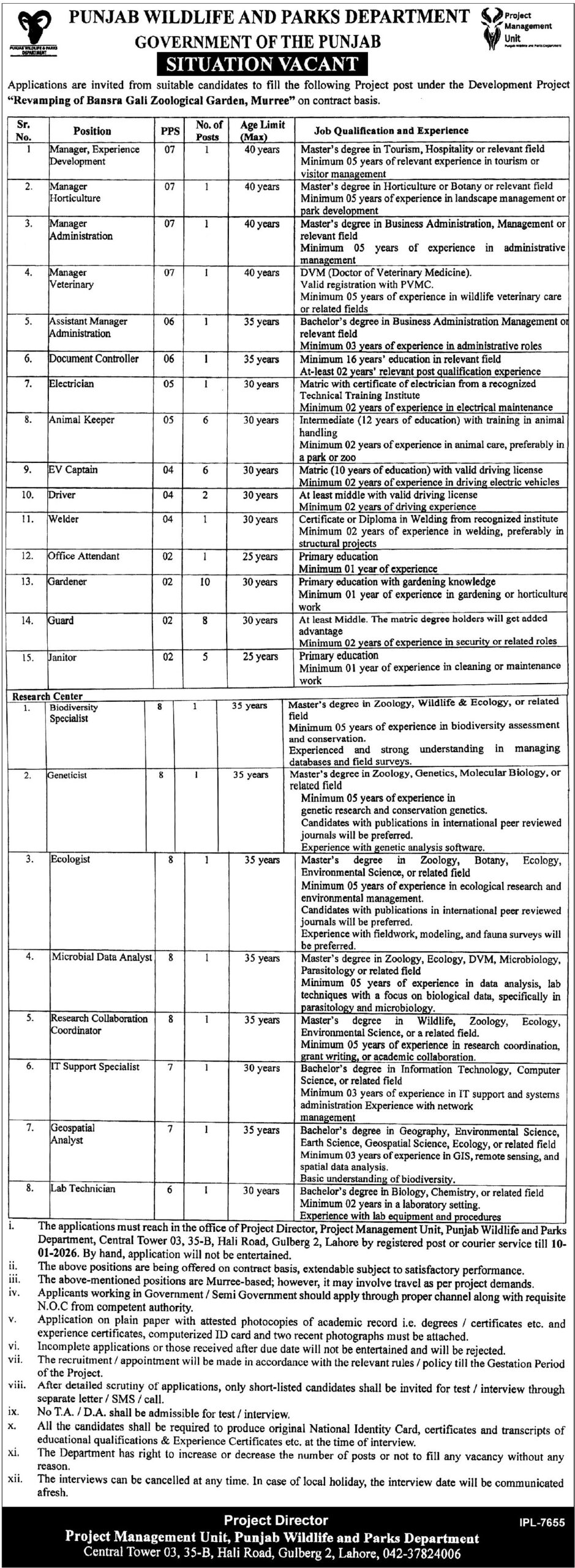Punjab Wildlife & Parks Department Jobs 2025 – Latest Vacancies in Lahore
