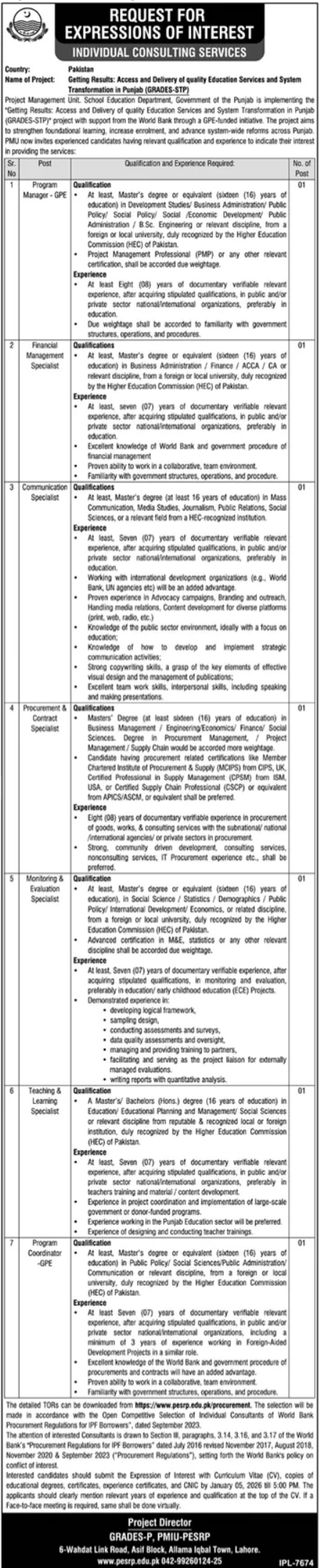 School Education Department Lahore Jobs 2025 – Apply for Program & Specialist Positions