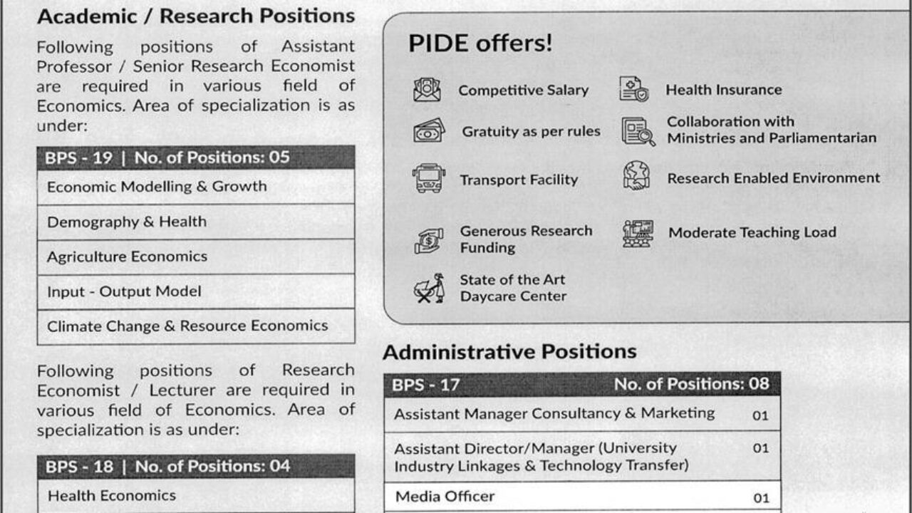 PIDE Islamabad Latest Management Jobs 2025 – Apply Online