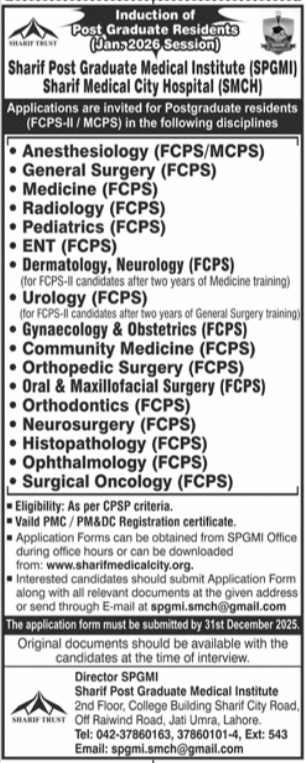 Sharif Post Graduate Medical Institute (SPGMI) Lahore – Latest Postgraduate Trainee Jobs 2025