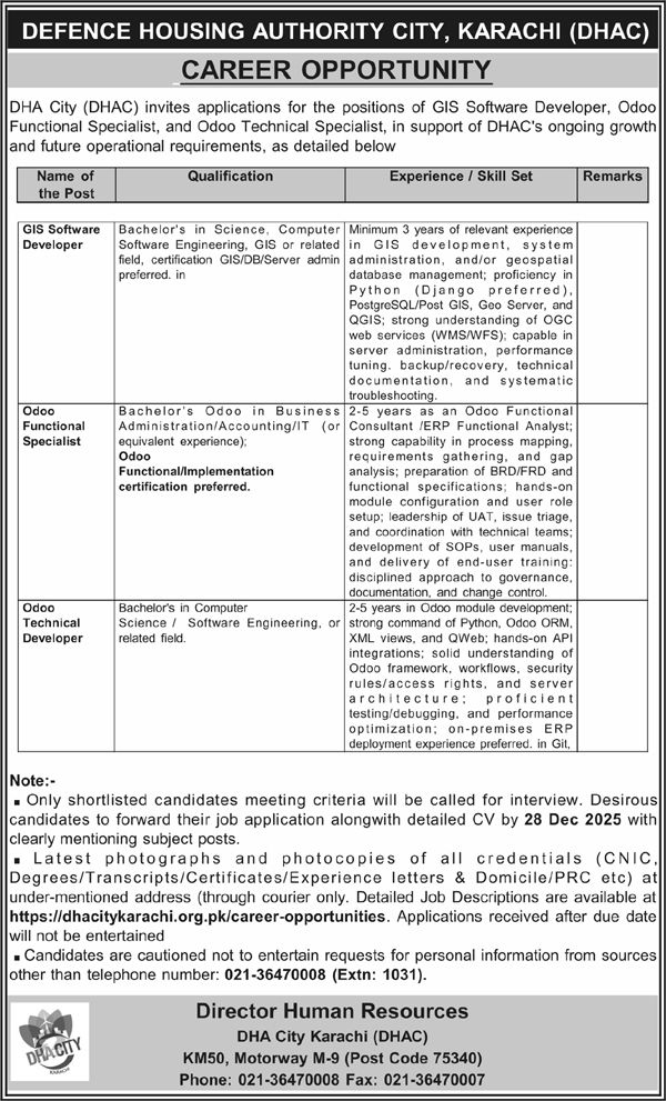 DHA Karachi Jobs 2025 – GIS Software Developer & Odoo Specialists (Apply Now)