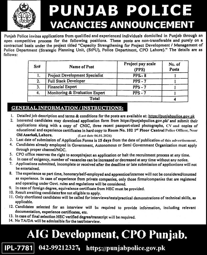 Punjab Police Lahore Jobs 2025 – Management & Technical Posts (Apply Now)
