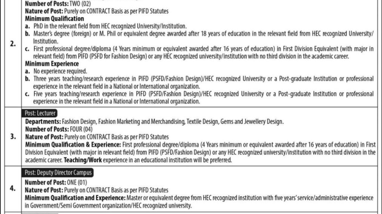 Pakistan Institute of Fashion and Design (PIFD) Jobs 2026 in Lahore – Apply for Multiple Government Education Positions