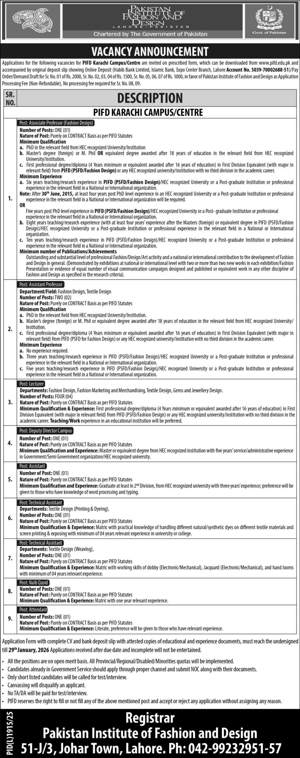 Pakistan Institute of Fashion and Design (PIFD) Jobs 2026 in Lahore – Apply for Multiple Government Education Positions