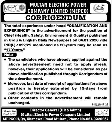 Multan Electric Power Company (MEPCO) Jobs 2026 in Multan – Apply for Government Management Positions
