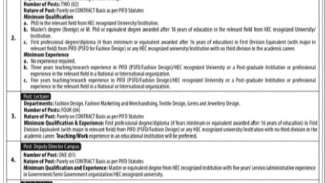 Pakistan Institute of Fashion & Design (PIFD) Jobs 2026 in Lahore – Apply for Multiple Government Education Positions