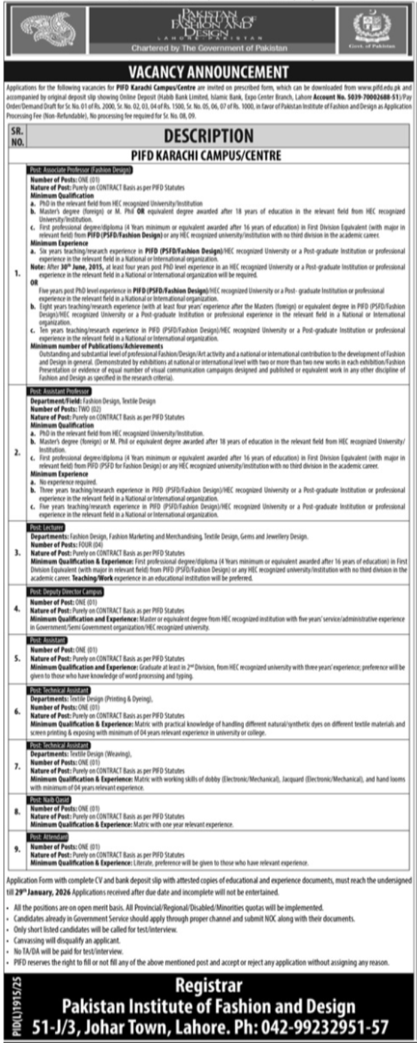 Pakistan Institute of Fashion & Design (PIFD) Jobs 2026 in Lahore – Apply for Multiple Government Education Positions
