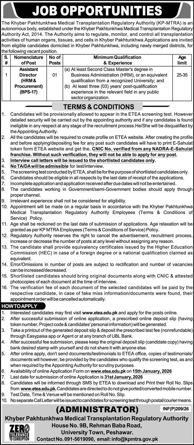 KPMTRA Management Jobs 2026 in Peshawar – Assistant Director Vacancies