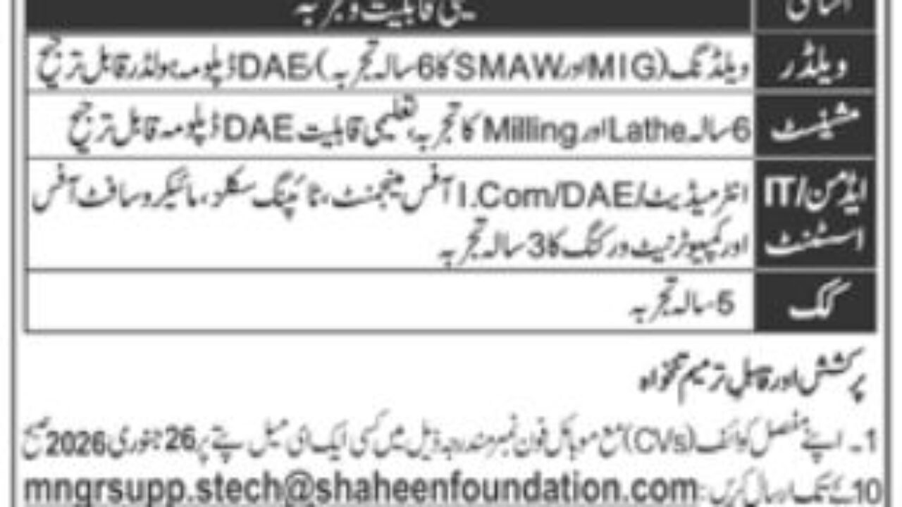 Shaheen Foundation PAF Jobs 2026 in Rawalpindi – Government Management & Technical Vacancies