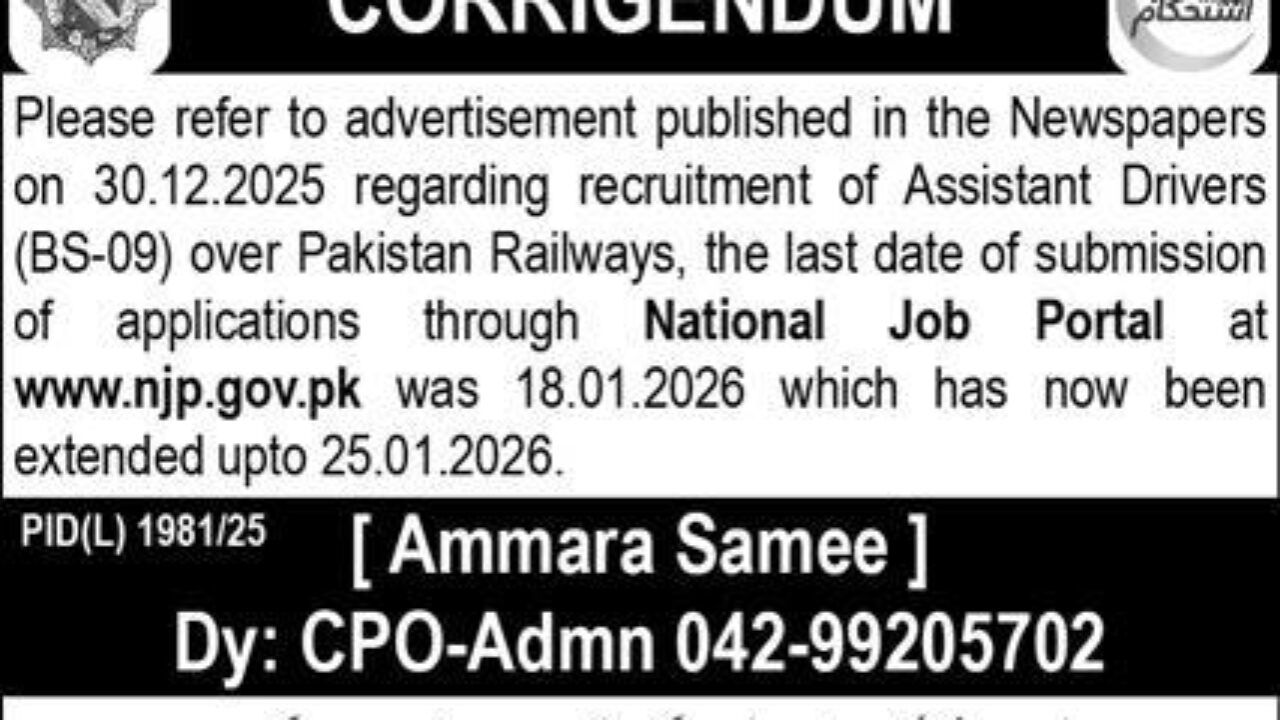 Pakistan Railways Driving Jobs 2026 in Lahore (Driver & Assistant Driver)