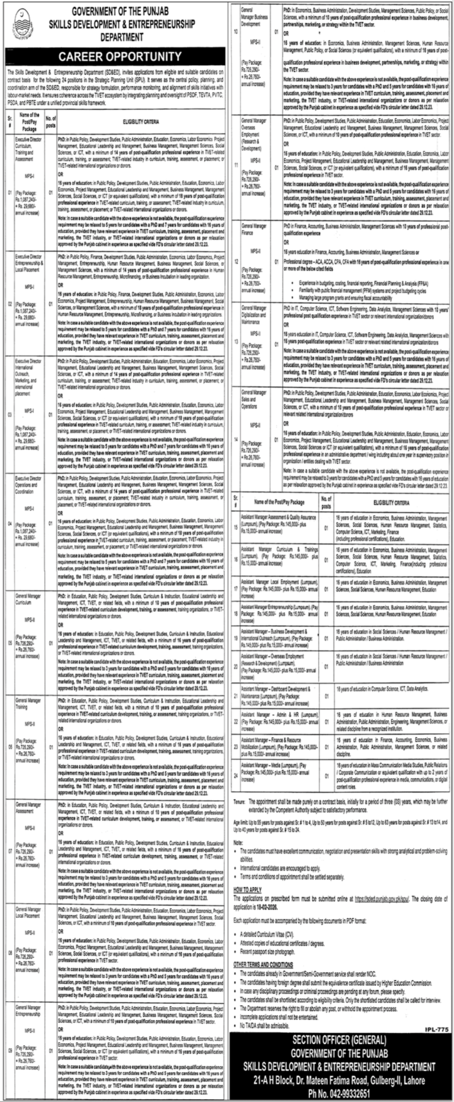Skills Development & Entrepreneurship Department Jobs in Lahore – Government Management Jobs 2026
