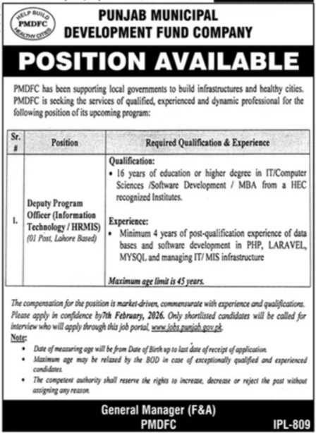 Deputy Program Officer Jobs in Lahore – PMDFC Government Jobs 2026