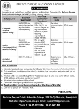 Defence Forces Public School & College Jobs in Rawalpindi 2026 – Teaching & Accounts Vacancies