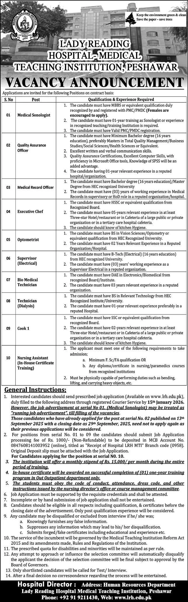 Lady Reading Hospital (LRH) MTI Peshawar Jobs 2026 – Management & Technical Opportunities