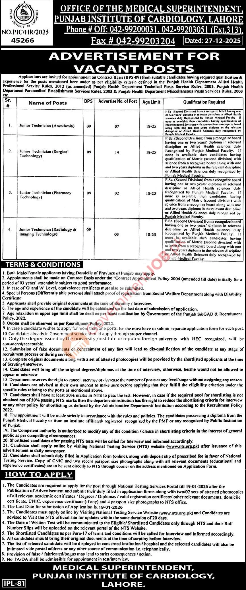 Punjab Institute of Cardiology (PIC) Lahore Jobs 2026 – Apply Online via NTS