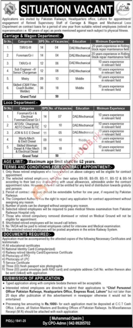 Pakistan Railways Lahore Jobs 2026 – Contract Jobs for Retired Staff